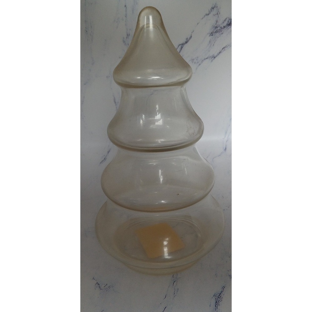 Vintage Clear Glass Christmas Tree Candy Jar Plastic Lid Bottom 4 Levels